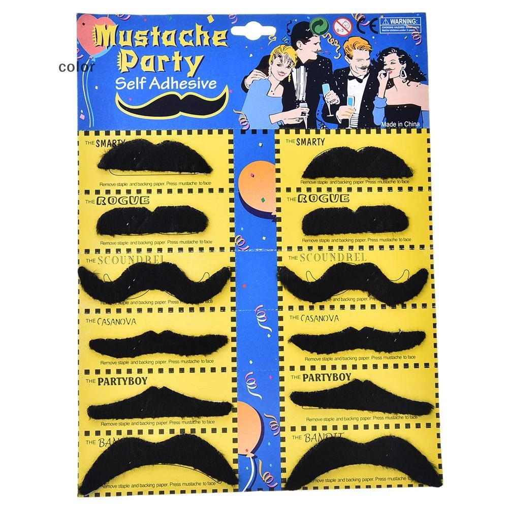 [สี] 12 ชิ้นชุดผู้ชายสีดําปลอม Mostache หนวดตลก Beard Party ฮาโลวีนเครื่องแต่งกาย TH