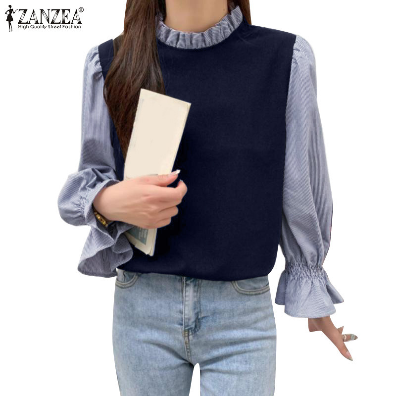 Zanzea ผู้หญิงเกาหลี Splicing Stripes Stand-Up Collar Ruffle โคมไฟแขนเสื้อยืด