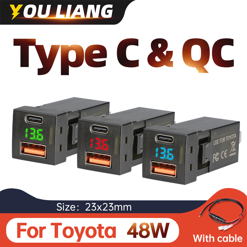 48w โวลต์มิเตอร์ Fast car charger usb Type C 30W 12V 24V สําหรับ toyota ใหม่ iPhone Quick ชาร์จโวลต์มิเตอร์อุปกรณ์เสริมซ็อกเก็ต