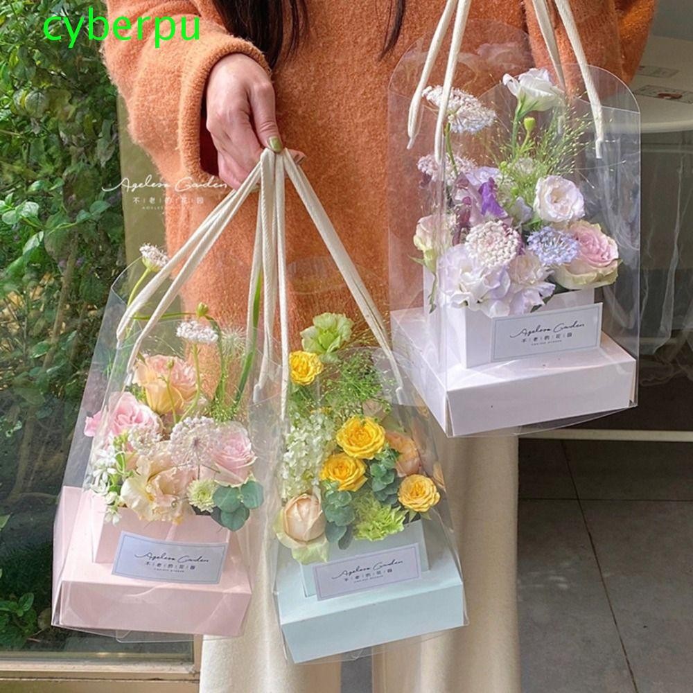 Cyberpullse กล่องดอกไม้มือถือ, กล่องกระดาษบรรจุวัสดุถุงห่อช่อดอกไม้, กระเป๋าถือโปร่งใสโรแมนติกแบบพกพากระเป๋าดอกไม้ Weding Party