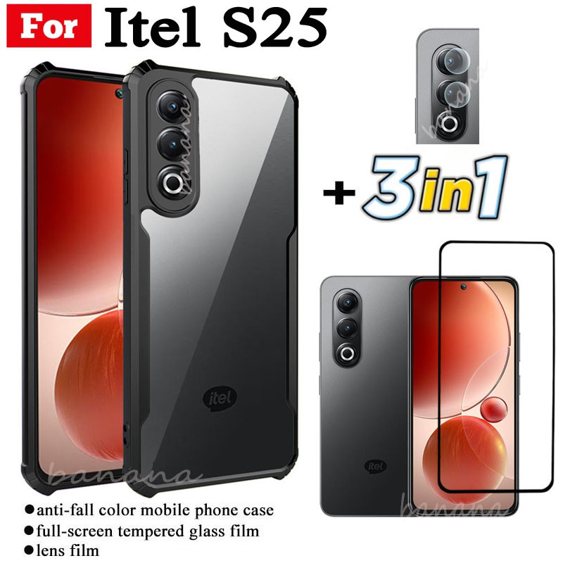 3 IN 1 Itel S25 Anti-fall โทรศัพท์มือถือสําหรับ Itel S25 S24 S23 A70 A50 ฟิล์มกระจกนิรภัย + ฟิล์มเลน