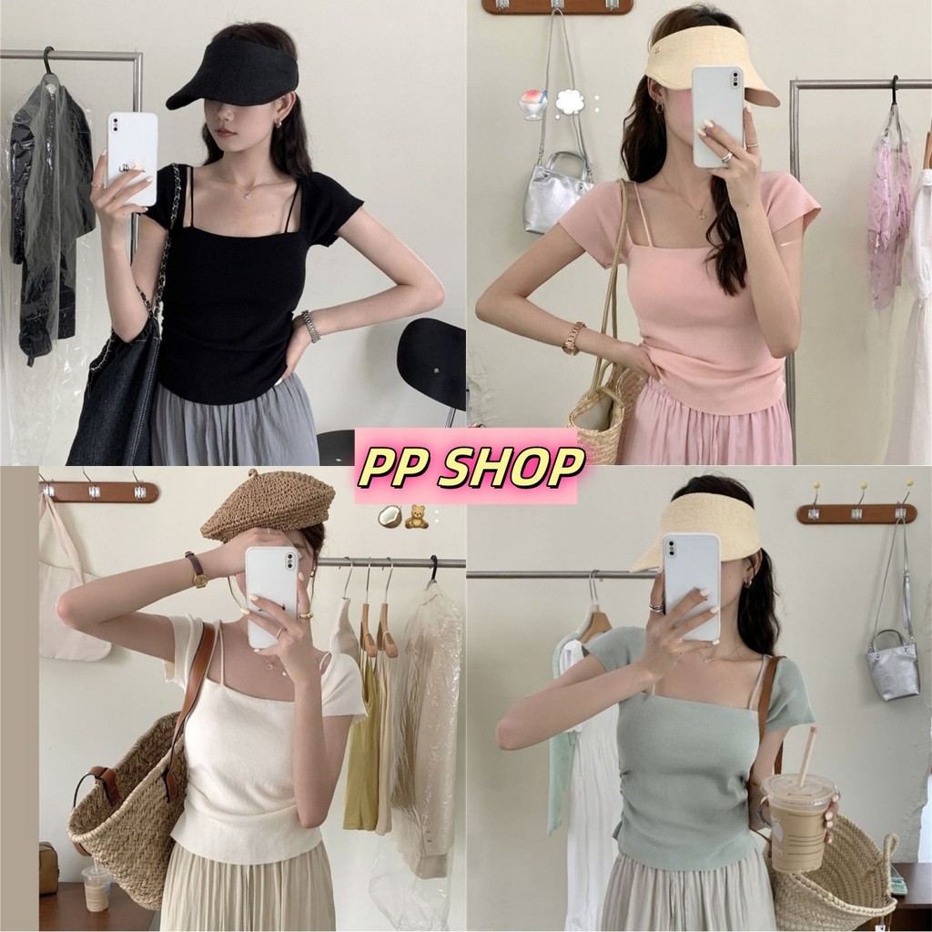 PP Shop​ ​พร้อมส่ง เสื้อยืด แขนสั้นเสื้อไหมพรมสไตล์เกาหลี เสื้อคอเหลี่ยมสายสะพายไหล่สองเส้นจับจีบด้านข้าง น่ารักๆ#16006