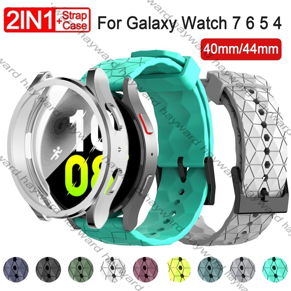 สายซิลิโคนและเคส TPU สําหรับ Samsung Galaxy Watch 7 6 5 4 40 มม.44 มม.ฟุตบอลรูปแบบสร้อยข้อมือกีฬาและรวมทุกอย่างป้องกันหน้าจอเคสนิ่มสําหรับนาฬิกา FE 40 มม.