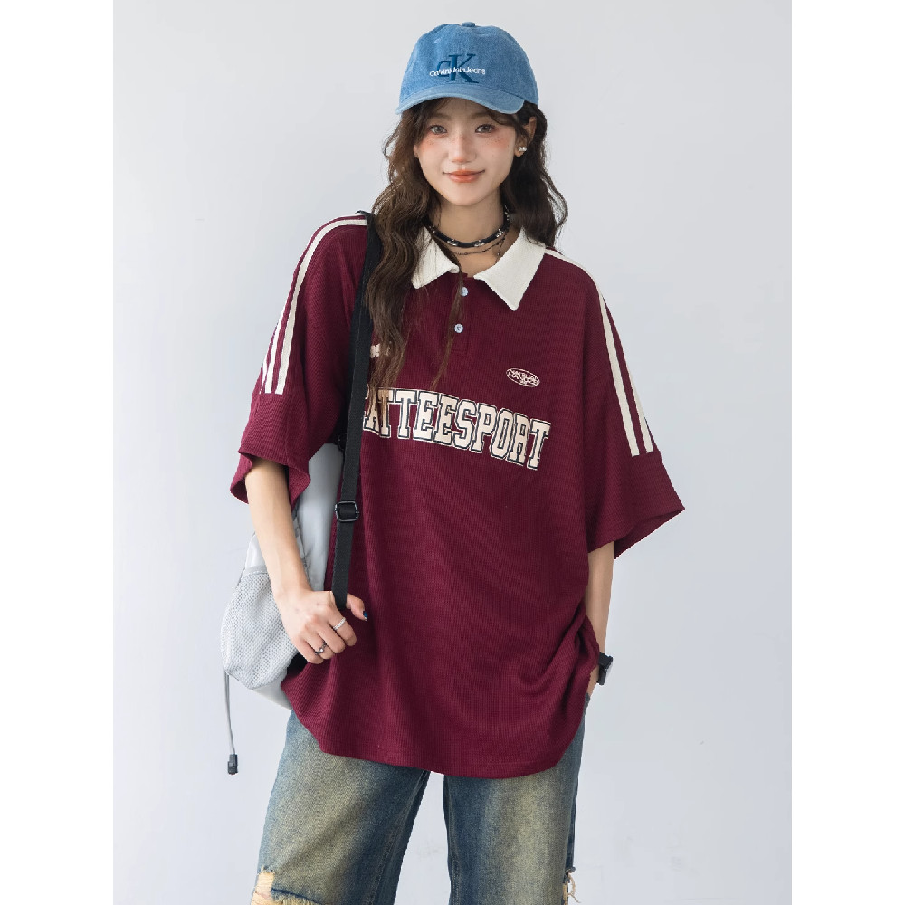 ส่งไวจากไทย TAYCEN  M-2XL ผู้หญิง สไตล์เกาหลี ลายสกรีนตัวหนังสือ แขนสั้น เสื้อโปโล โอเวอร์ไซส์ เสื้อ