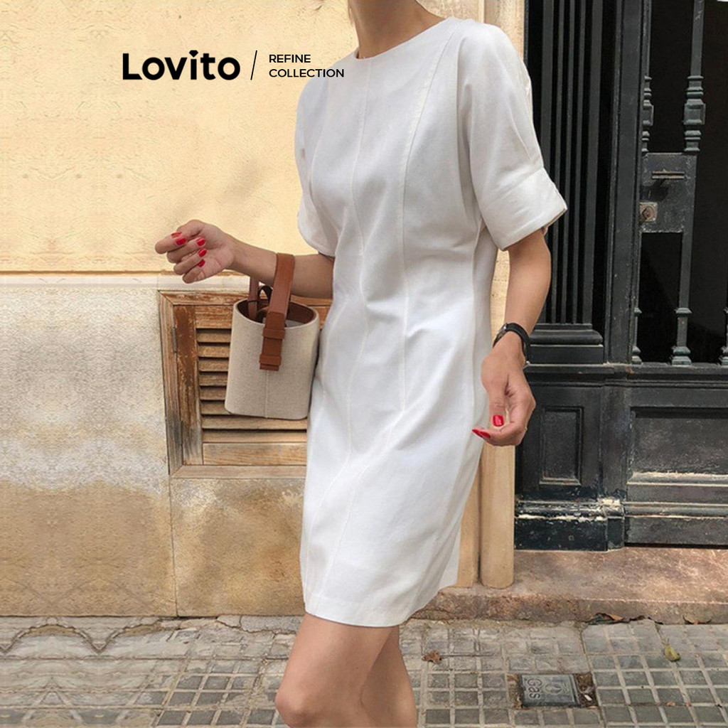 (Lovito Refine) ชุดเดรสสายโครงสร้างธรรมดาหรูหราสำหรับผู้หญิง LNE77715