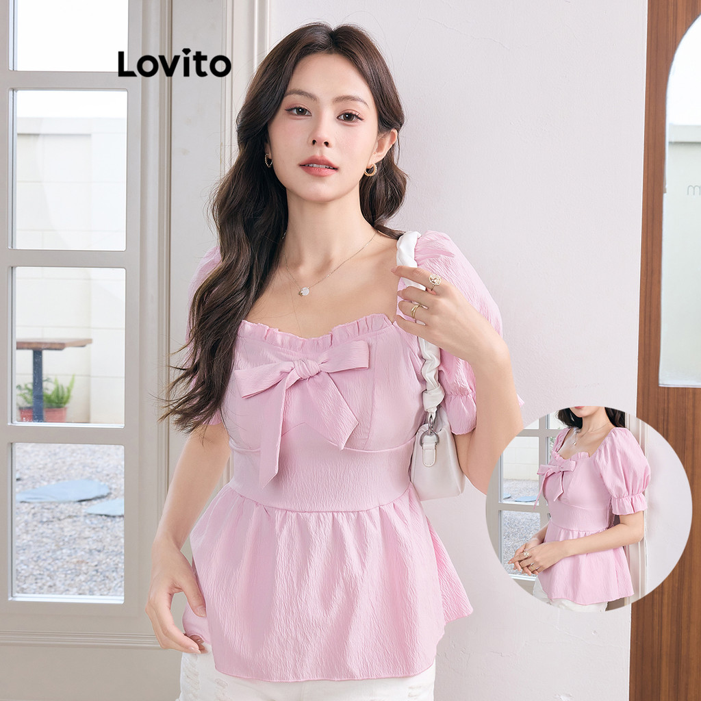 Lovito โบว์ธรรมดาด้านหน้ากุ๊นโครงสร้างเสื้อสำหรับผู้หญิง L105MD469