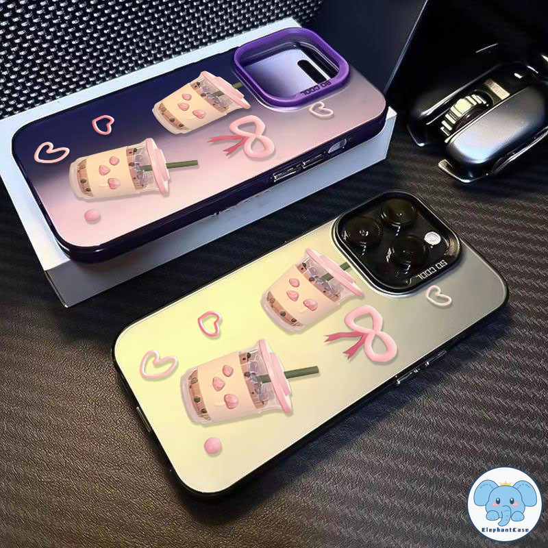 ชานมน่ารักเข้ากันได้เคสไอโฟน 16 11 13 15 12 14 Pro Max XR X XS Max 16 7 8 15 14 Plus SE 2020 โบว์หวานรักหัวใจเคส