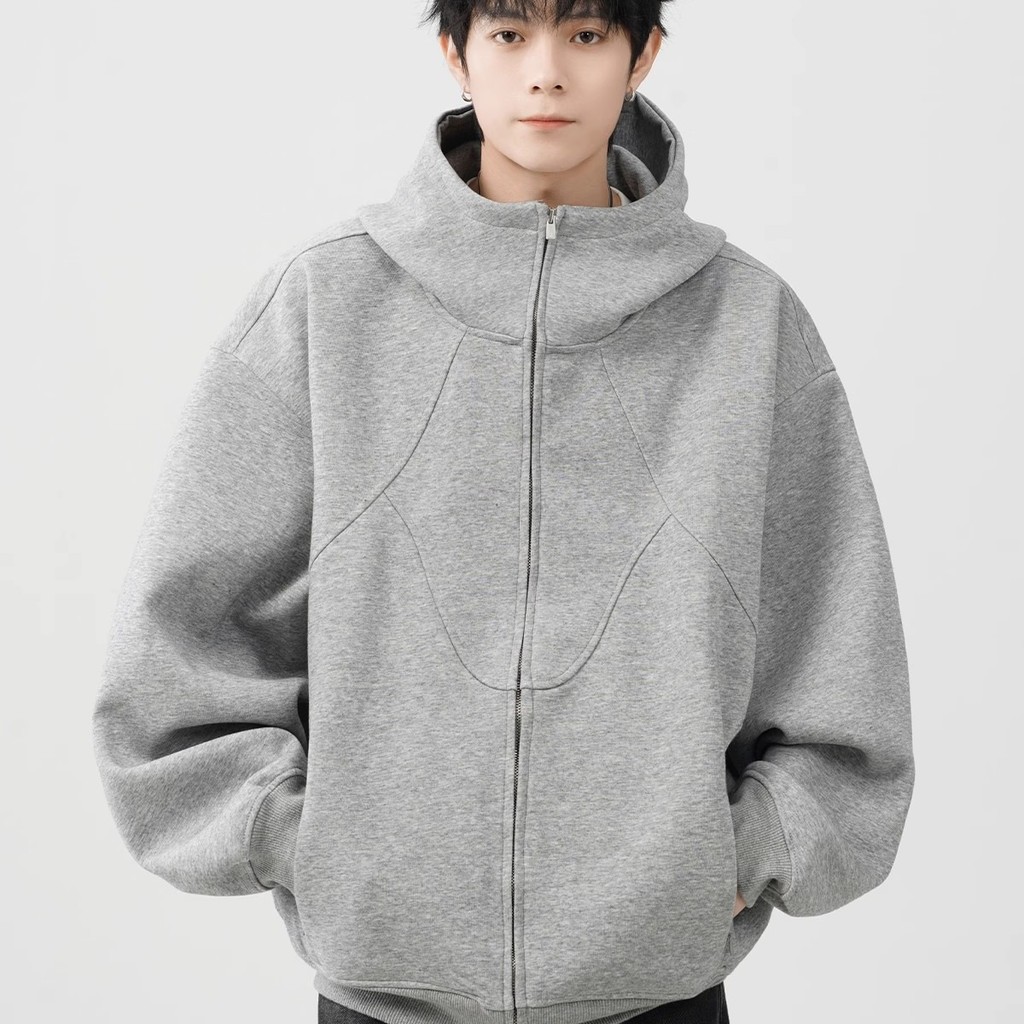 2025ฤดูใบไม้ผลิใหม่ผู้ชายอเมริกันสีทึบ Splicing หลวมคอเต่า hooded JACKET