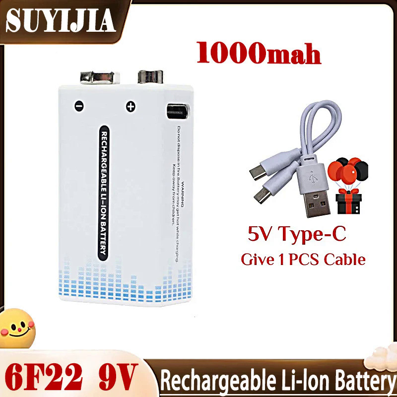 SUYIJIA NEW 1000mAh 9 Volt li-ion Rechargeable Battery Type-C USB 6F22 9V Lithium Battery for RC Hel