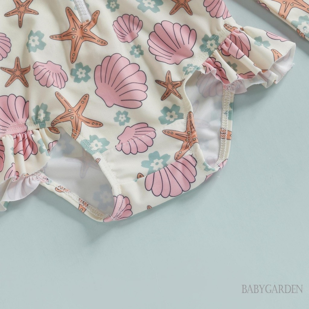 //-6เดือน-4ปี เด็กทารกผื่นยามชุดว่ายน้ํากับหมวกเปลือกปลาดาวลายซิปขึ้นแขนยาวลูกเรือคอชุดว่ายน้ํา