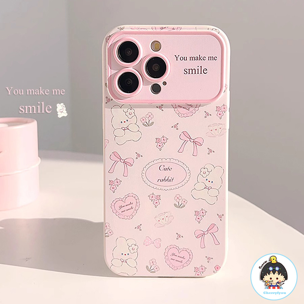 เคสโทรศัพท์มือถือ TPU นิ่ม กันกระแทก ปิดด้านหลัง ลายดอกไม้ กระต่าย สีชมพู สําหรับ IPhone 11 15 14 13 12 Pro Max X XR XS Max 15 14 8 7 Plus SE