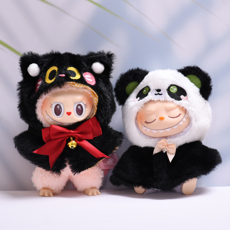 17 ซม. Labubu เสื้อผ้า Labubu ตุ๊กตา v1v2 Black Cat Panda เสื้อคลุมเสื้อผ้าเด็ก