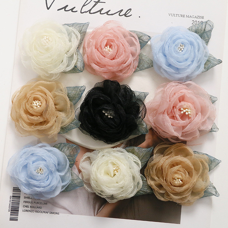 1pc Artifical Rose Organza ดอกไม้ชีฟอง DIY Handmade ชุดคลิปผมอุปกรณ์เสริมผมต่างหูวัสดุดอกไม้ปลอม