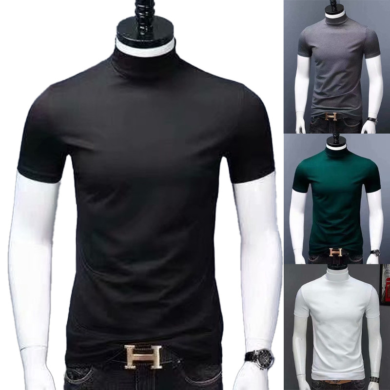 【ส่งไวจากไทย】Maisidamall ผู้ชาย ผ้าไหมน้ำแข็ง เสื้อคอเต่าครึ่งตัว เสื้อยืดแขนสั้น สีทึบ ขนาดใหญ่ บาง