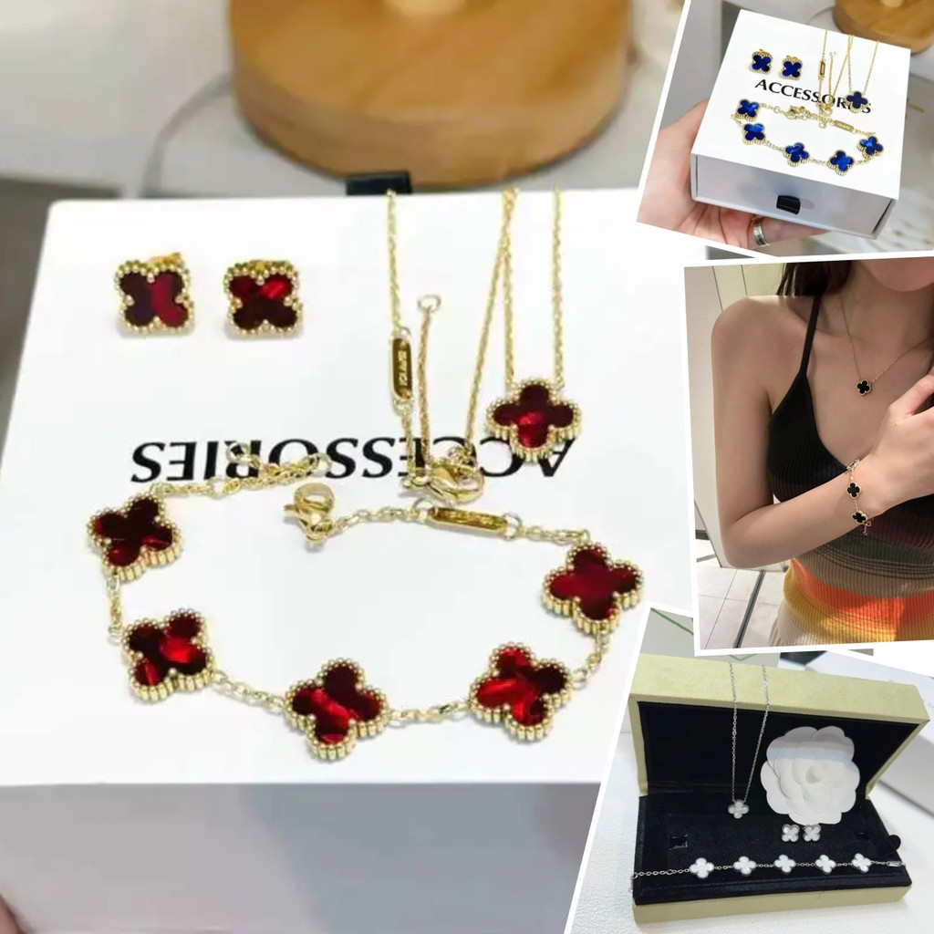 ชุดเครื่องประดับสแตนเลส 18K พร้อมสัญลักษณ์สี่ใบโคลเวอร์: สร้อยข้อมือ, สร้อยคอ, และหูสตั๊ด ทนทานในการอาบน้ำ
