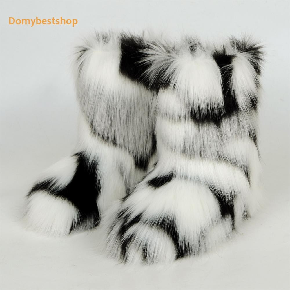 ผู้หญิง Furry Boots อบอุ่นสบาย Faux Fur Boots Snow Boots รองเท้าส้นแบนกลางแจ้ง [Domybestshop.th]