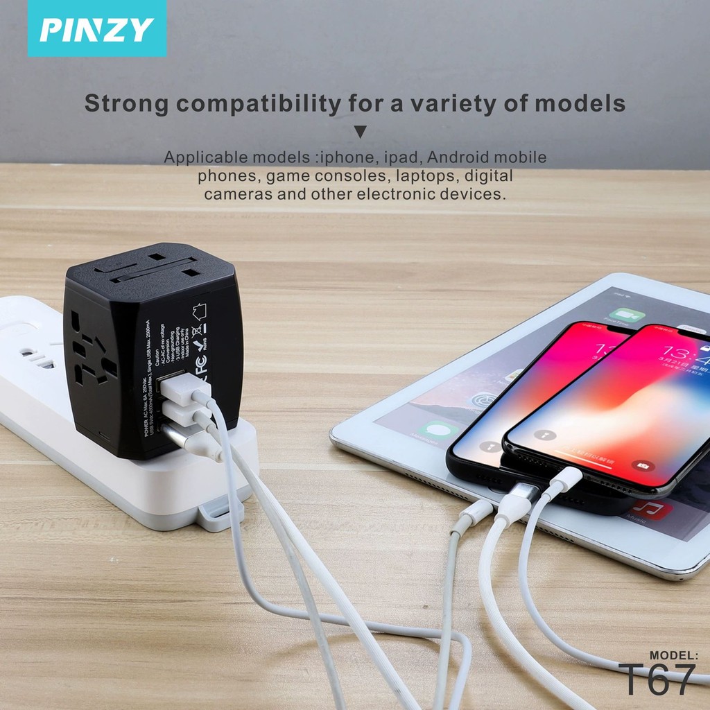 PINZY T67 Universal International Quick Charge PD Adapter + 2 USB - PINZY Multi Nation Travel Adapte