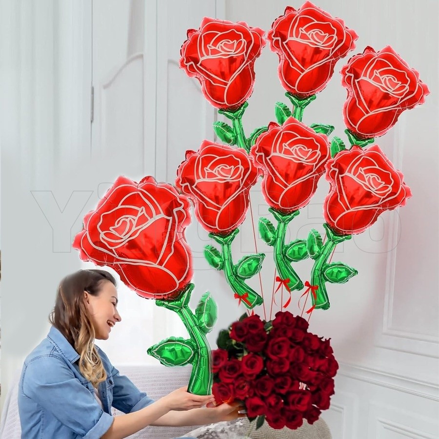 6ชิ้น91เซนติเมตรยักษ์กุหลาบสีแดงฟอยล์ลูกโป่ง,วันวาเลนไทน์กุหลาบดอกไม้รูปร่างลูกโป่งสําหรับวันครบรอบแต่งงานตกแต่งพื้นหลังของขวัญวันแม่
