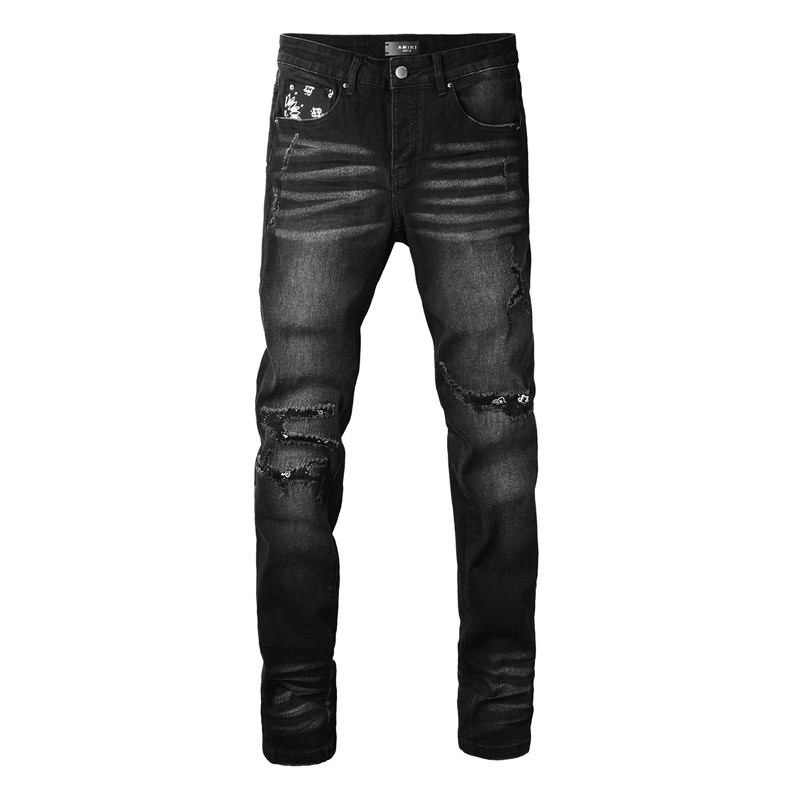 Amiri ใหม่สูงถนนแฟชั่นผู้ชายกางเกงยีนส์สีดำวินเทจบางพอดีกางเกงยีนส์ยืดแพทช์กางเกงยีนส์ผู้ชาย