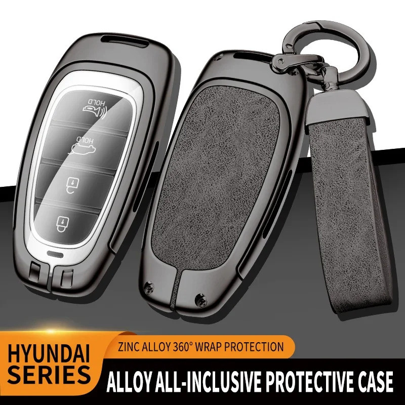 Zinc Alloy Leather Car Key Cover Shell Case for Hyundai Santa Fe Tucson 2022 NEXO NX4 Atos Solaris P
