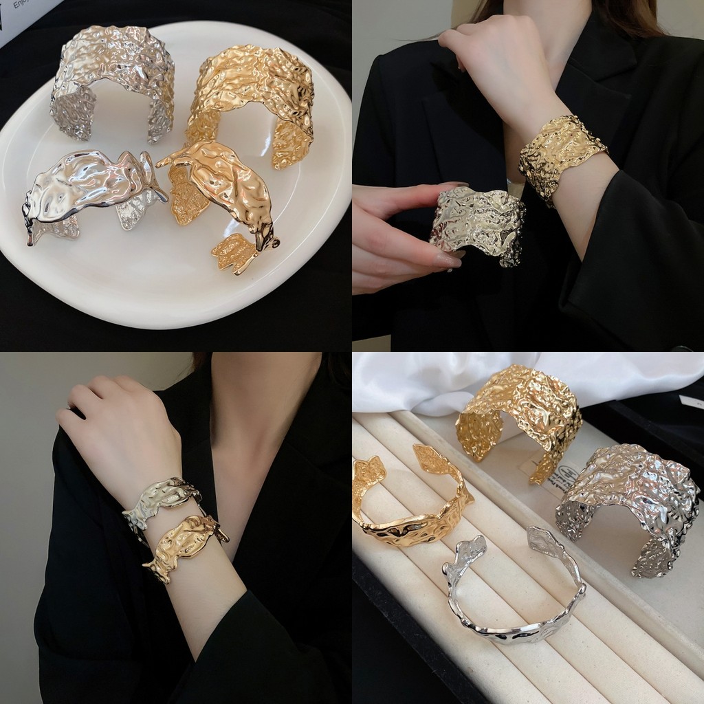 [จูวบิวตี้]โลหะผิดปกติจีบเปิดสร้อยข้อมือกับสร้อยข้อมืออารมณ์ที่เรียบง่ายแสงหรูหราเครื่องประดับมือระดับไฮเอนด์