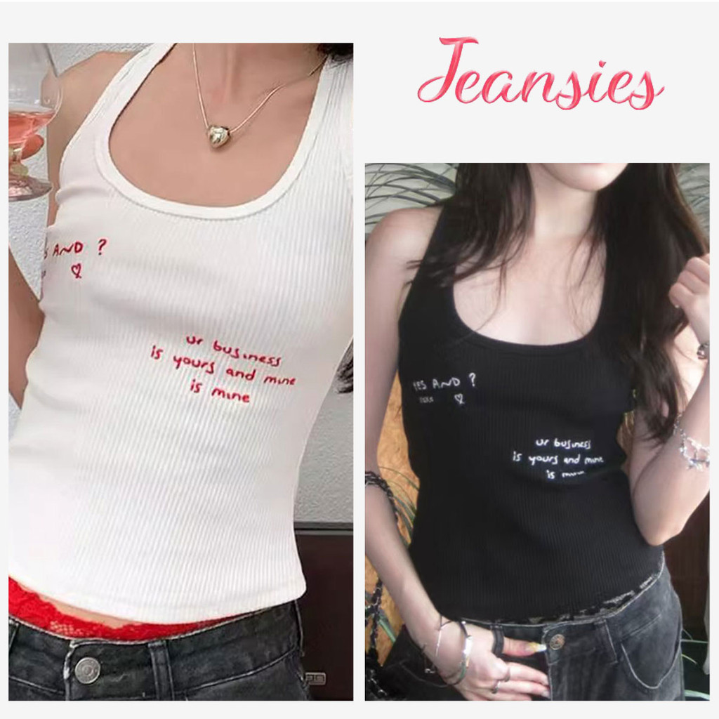 เสื้อกล้ามเว้าแขน ลายพิมพ์ตัวอักษร ผ้าร่อง ยืดพอดีตัว