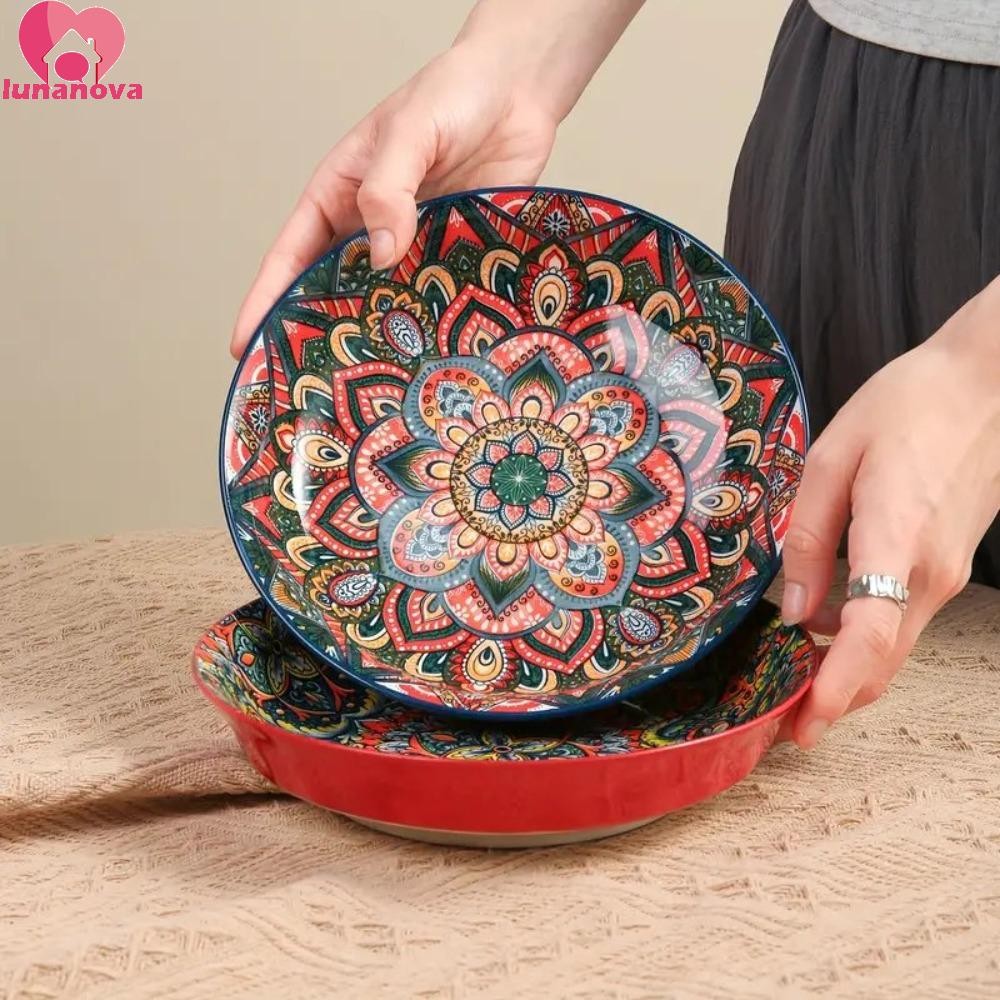 จานอาหารค่ํา LUNANOVA, Round Underglaze Bohemian จานเซรามิค, รูปแบบดอกไม้ในครัวเรือน, อาหารจานลึกสีสันสดใสผลไม้