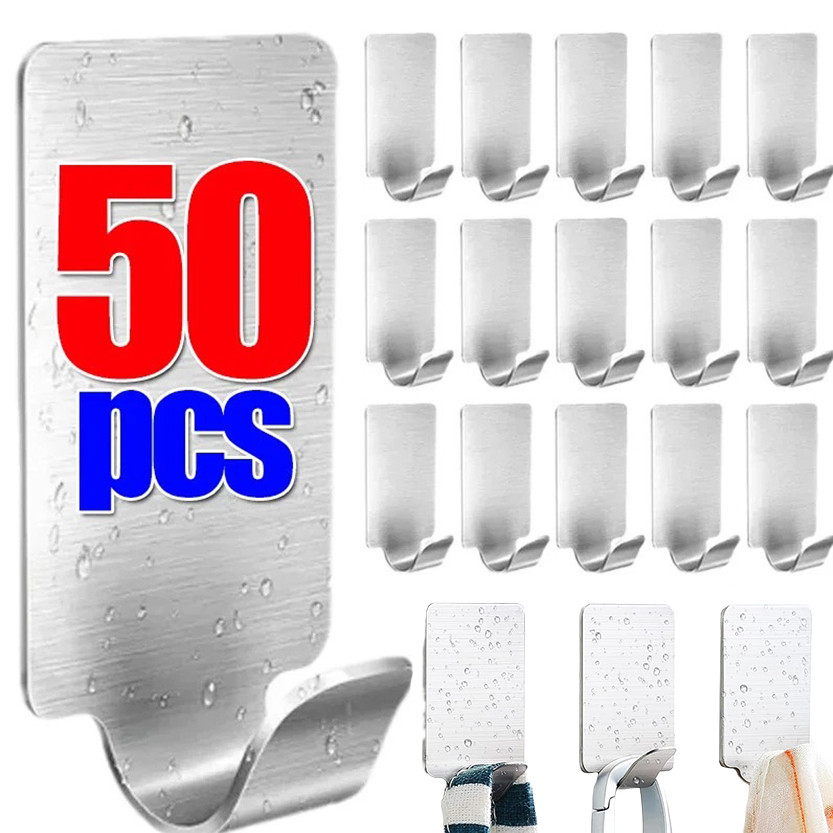 10/30/50 ชิ้น Self กาวตะขอสแตนเลส/Universal Heavy Wall Hook/หมวกกระเป๋า Key Storage Hanger