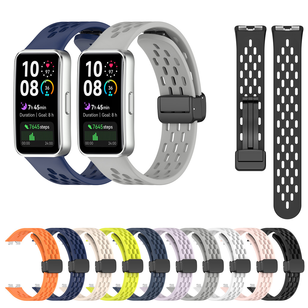 ซิลิโคนหัวเข็มขัดแม่เหล็กสําหรับ หัวเว่ย วงดนตรี Huawei Band 10 9 8 NFC เอ็นเอฟซี สีลูกกวาดนุ่มสายนาฬิกาสร้อยข้อมือกีฬาห่วง