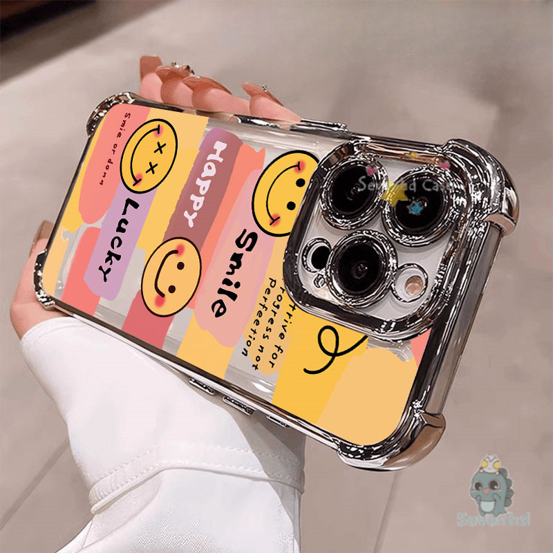 Smile Lucky ปลอกหน้าน่ารักสําหรับ iPhone 11 16 15 14 13 12 Pro Max XR X XS 8 7 6 Plus SE2020 INS เกาหลีหรูหราสี่มุมถุงลมนิรภัยล้างโทรศัพท์มือถือกรณีกันกระแทกฝาครอบป้องกัน