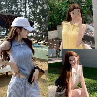 Hot พร้อมส่ง เสื้อกล้ามไหมพรม คอปก สไตล์เกาหลี สีพาสเทลใส่ง่าย W-J074