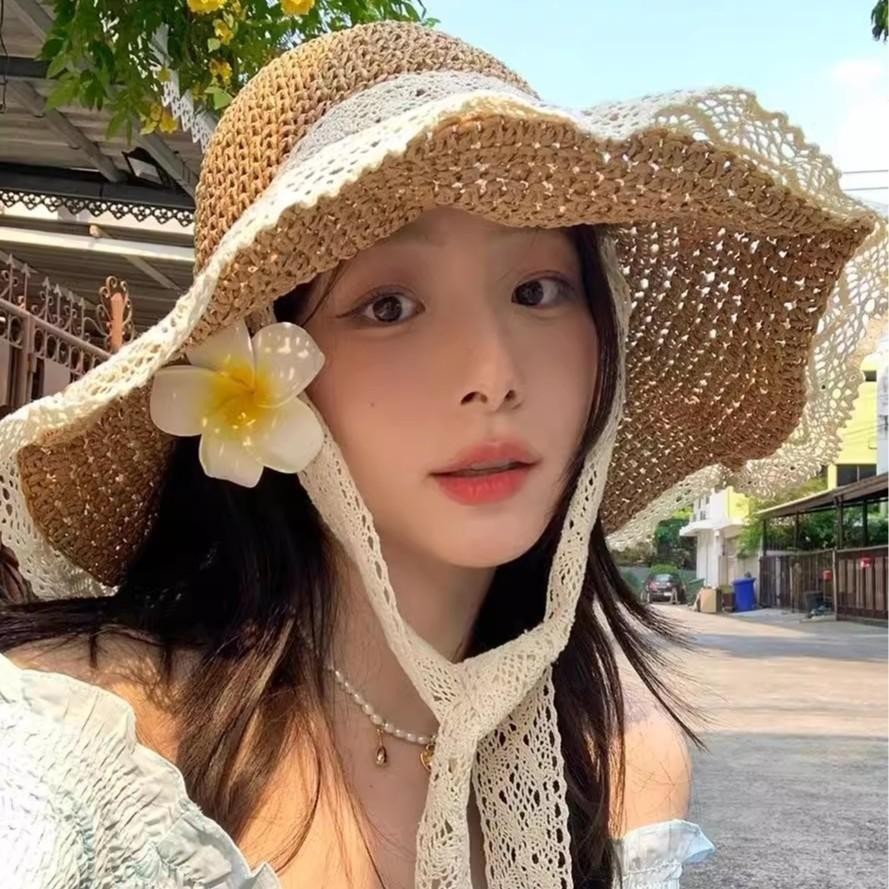 GlitzSiam หมวก👒หมวกฟางลูกไม้👒หมวกฟางทรงกลวง💖ทอด้วยมือ การป้องกันแสงแดด หวานและน่ารัก พร้อมส่งในไทย - รูปที่ 3