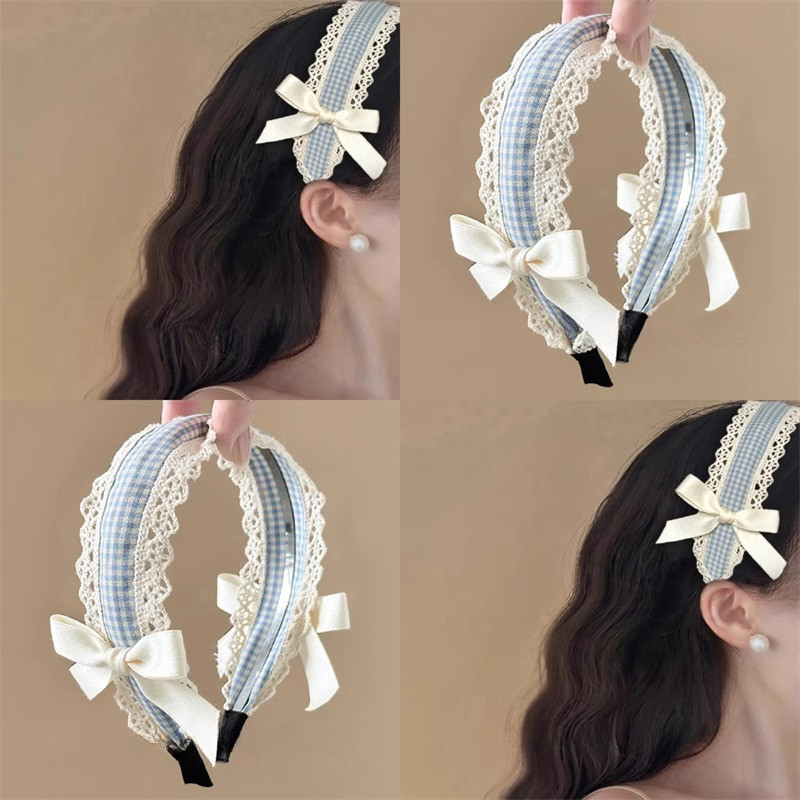 1ชิ้นลายสก๊อตสีฟ้าลูกไม้โบว์คาดศีรษะ ชม. หูฟัง เครื่องประดับผม