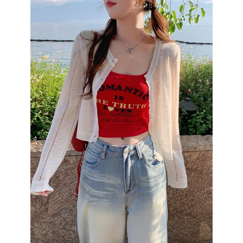 เสื้อคาร์ดิแกน ผ้าเรยอนถัก บาง สำหรับผู้ หญิง กันแดดใหม่ แขนยาว เสื้อถัก#HM501