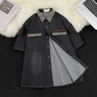 MNO.9 เสื้อเชิ้ตแขนสั้น ผู้ชาย ผ้ายีนส์ short-sleeved shirts A10 คอปกลายเสือ มีกระเป๋าหน้าอก ปักอักษร เสื้อเชิ้ตเกาหลี