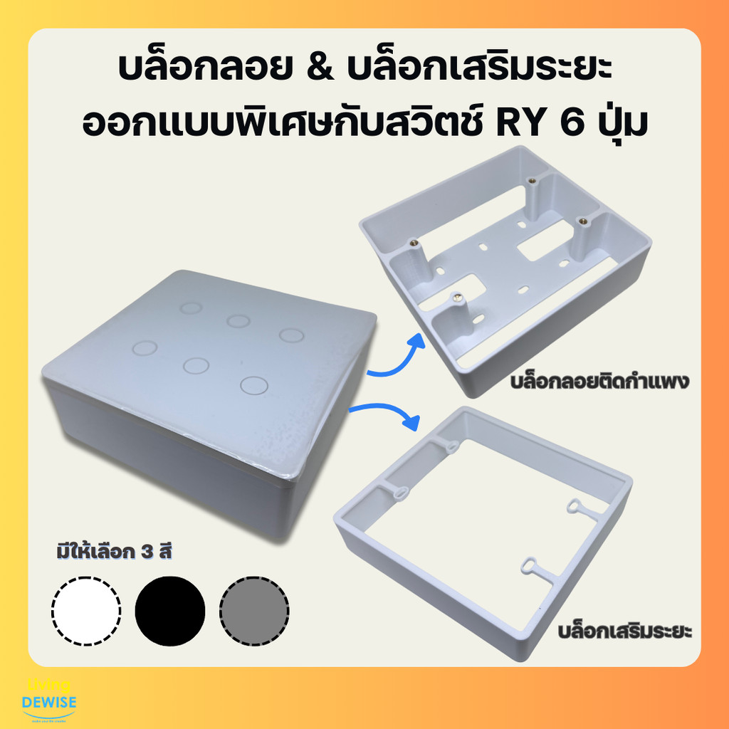 บล็อกลอยติกผนังและบล็อกเสริมระยะออกแบบเฉพาะสำหรับสวิตช์ รุ่น RY 6 ช่อง พิมพ์ด้วยเครื่องพิมพ์ 3 มิติ