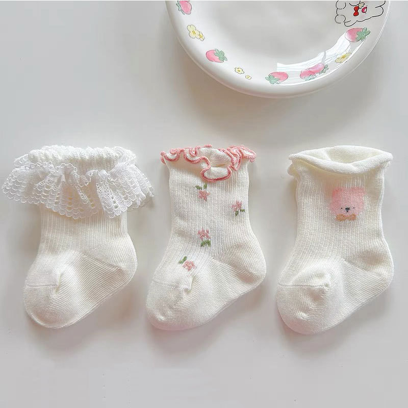 ((3 คู่แพ็ค) ถุงเท้าเด็ก, ผ้าฝ้ายลูกไม้สีขาวขอบเชื้อราถุงเท้าเด็กหญิง