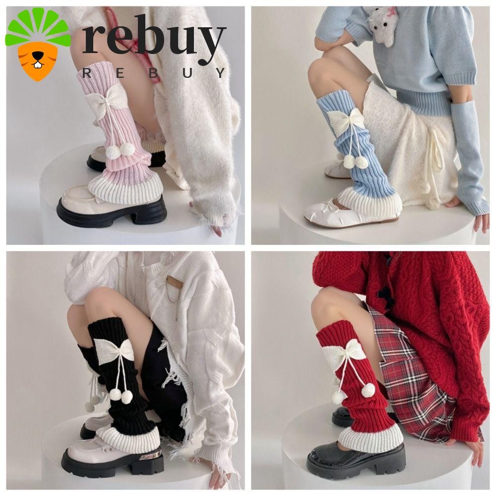 Rebuy JK Lolita ถุงเท้าขา, Y2k ญี่ปุ่นโบว์ถักถุงเท้าขา,หวานบัลเล่ต์ Harajuku ยาวคริสต์มาสเข่าถุงเท้าผู้หญิง