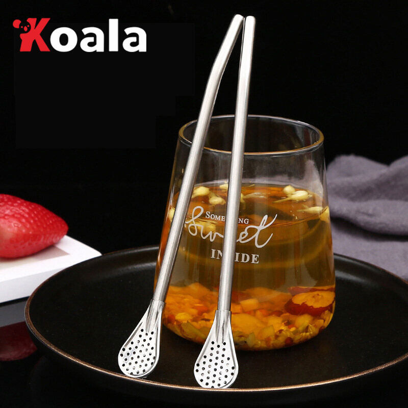 KOALA หลอดดูดน้ำสแตนเลสสตีล304ช้อนกรองชาหลอดน้ำเต้าล้างได้อุปกรณ์ชงชาห้องครัวบาร์ห้องครัวพร้อมช้อนแปรงช้อนชากาแฟ