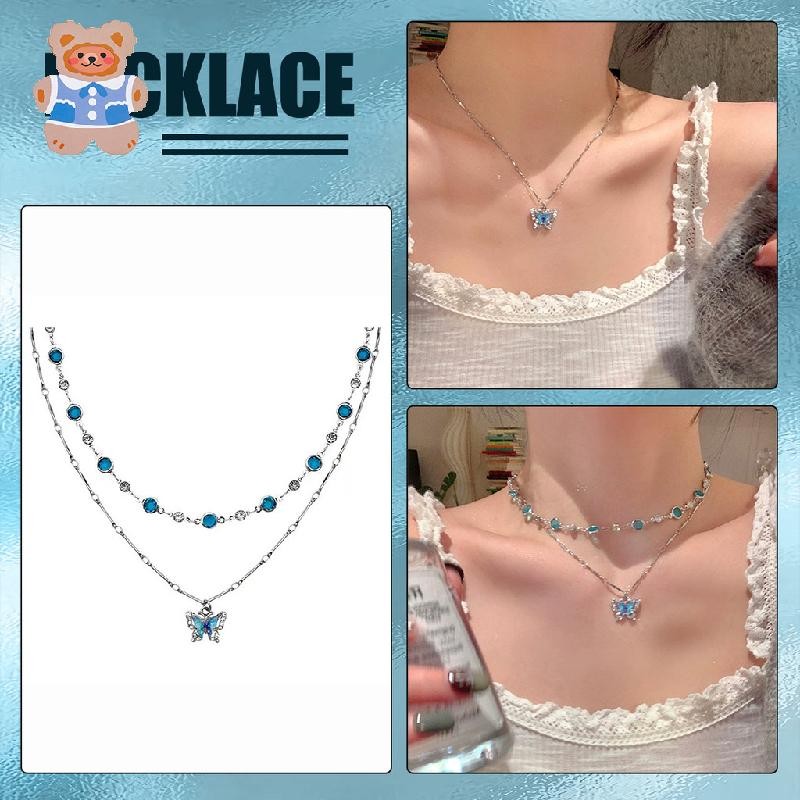[CSF]สร้อยคอผีเสื้อคริสตัลสีฟ้าโรแมนติกสําหรับผู้หญิงสาวเรียบง่ายเงาZircon Bilayer Choker Clavicle C