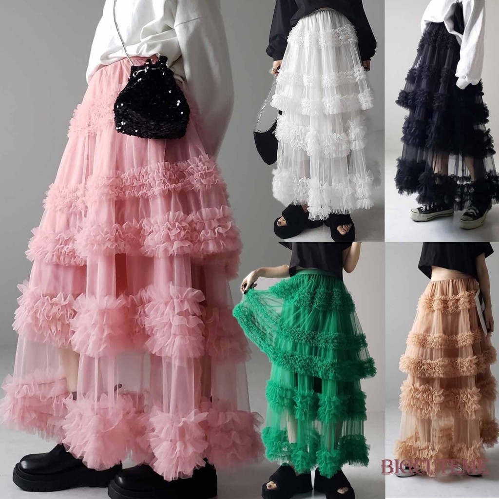 []-กระโปรงยาว Tulle A-Line สําหรับผู้หญิงเอวสูงเชียร์ตาข่าย Tiered กระโปรงเร้าใจสําหรับคริสต์มาส