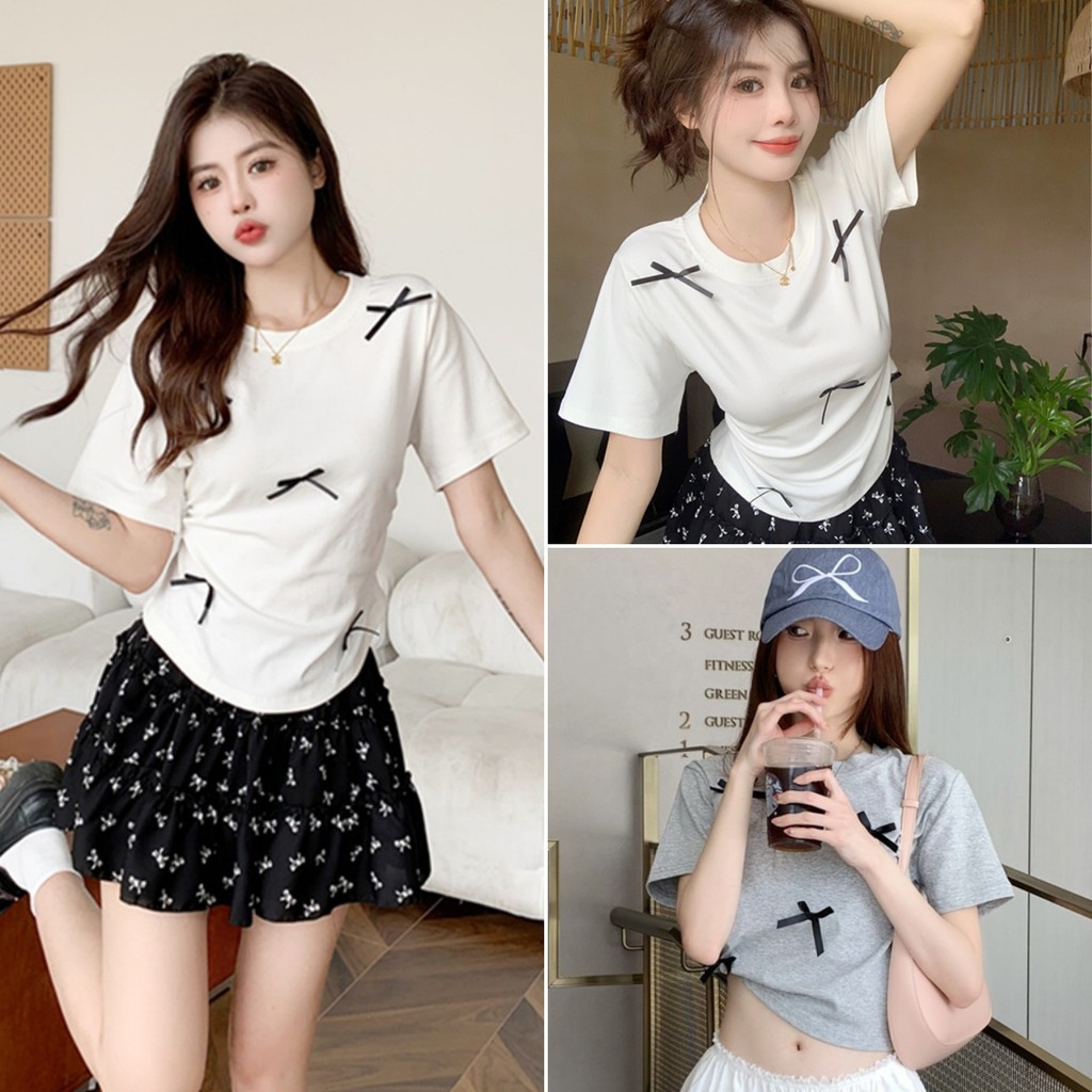 cherryshop พร้อมส่ง เสื้อยืดสวยๆผู้หญิง เสื้อยืดแฟชั่น แขนสั้นแต่งโบว์ สีพื้น ลําลองน่ารัก ดีไซน์จีบด้านข้าง