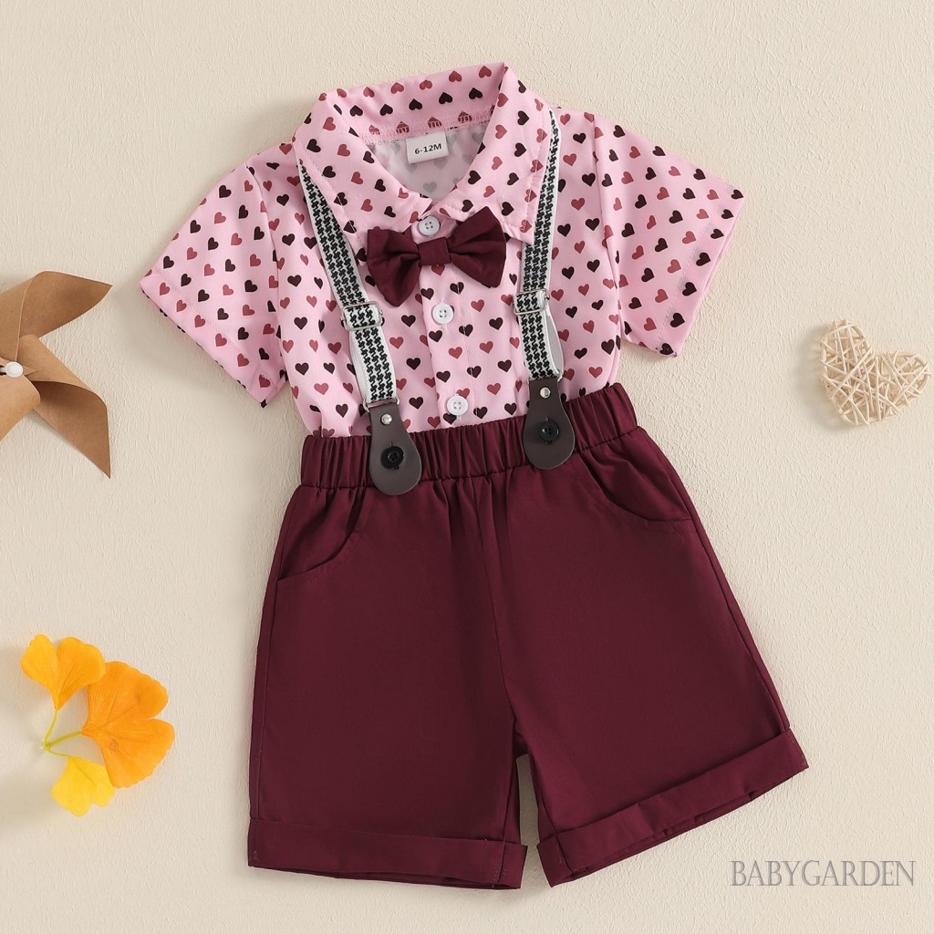 //-6Month-4Years Baby Boy Valentines Day Clothes Set Heart Print Short Sleeve Lapel Shirt with Suspe