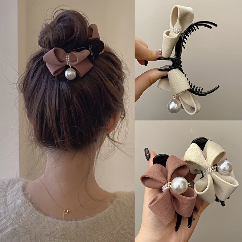 ผ้าโบว์ F AUX เพิร์ลผมคว้าคลิปสำหรับผู้หญิงวินเทจที่สง่างามน่ารักลื่น updos ผู้ถือผมหางม้าอุปกรณ์ผมที่สมบูรณ์แบบพรรควันหยุดใช้ชีวิตประจำวัน