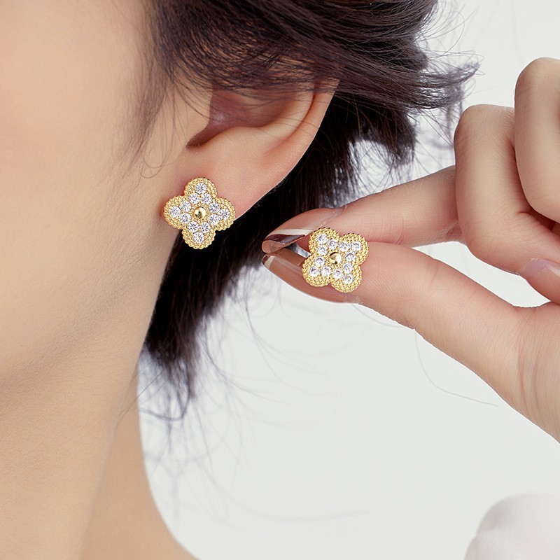 หรูหราเพชรเต็มดอกไม้ทองแดงไมโครฝังต่างหู,โคลเวอร์สี่ใบชุบด้วยไฟฟ้าทองอเนกประสงค์อุปกรณ์เสริมสร้อยคอเครื่องประดับส