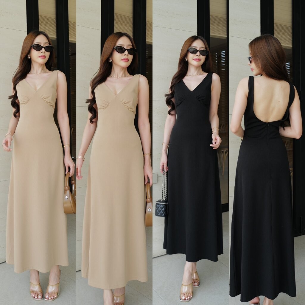 #9751 HILOOK เดรสยาวกล้ามคอวี อกเย็บจับจีบ เว้าหลังสวยมากกก ชิปหลัง ผ้ายืด
