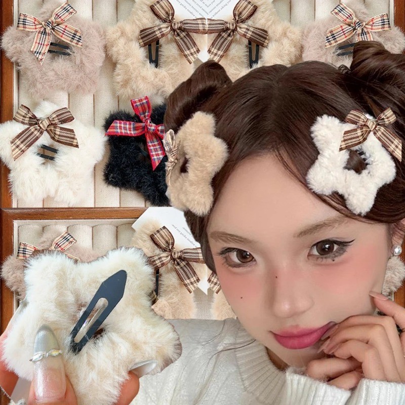 1/2pcs น่ารัก Fluffy Bangs Barrettes Headwear - ดาว Bowknot Plush กิ๊บติดผม - Retro, หวาน, Y2k, แฟชั่น - หญิงสาวกิ๊บติดผมด้านข้าง - Hairpin Bb - เครื่องประดับผม