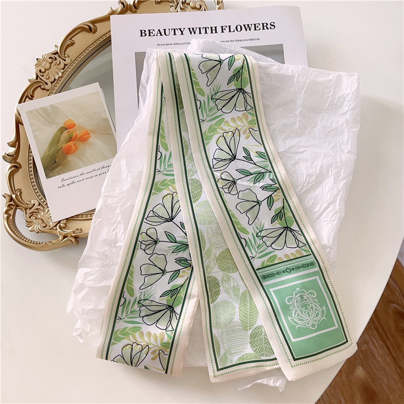 ผ้าพันคอไหมลายดอกไม้สดสีเขียวผ้าพันคอความรู้สึกระดับไฮเอนด์แคบ - รูปที่ 3