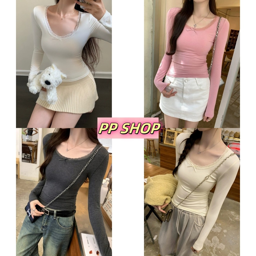 PP Shop​ พร้อมส่ง เสื้อยืด คอกลม แขนยาว ผ้าคอตตอน ใส่สบาย เสื้อครอป สีพื้น แฟชั่น สไตล์เกาหลี ลูกไม้ หูกระต่าย#FY5081