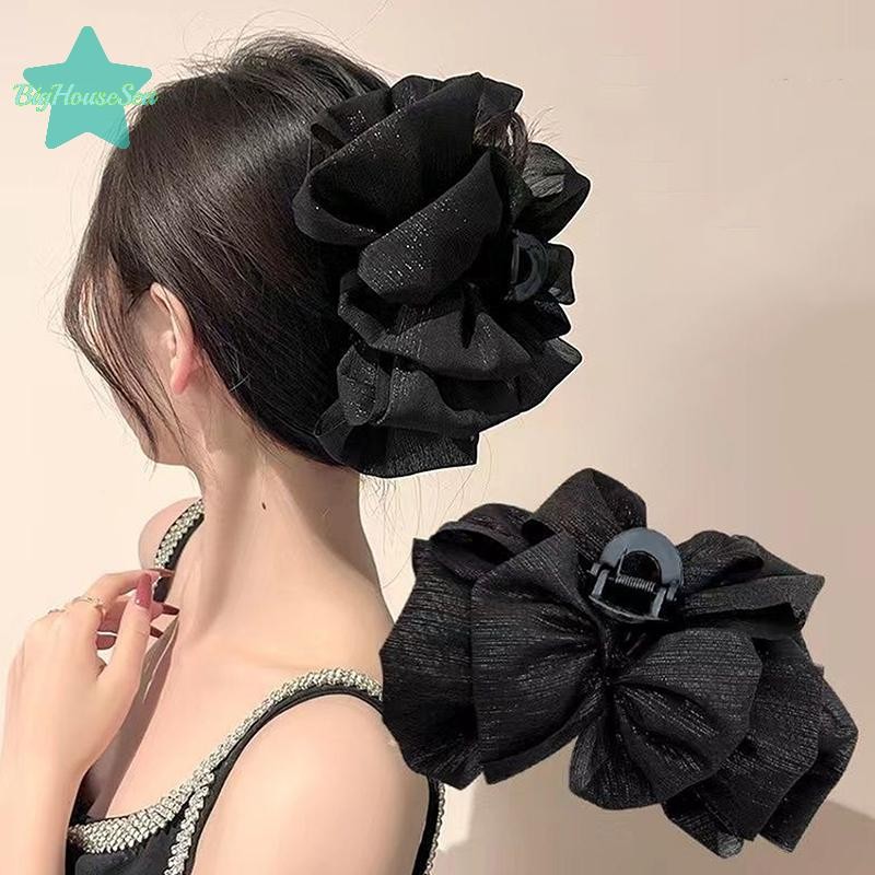 [BigHouseSea] แฟชั่นผู้หญิง Seersucker คลิปสีดํา Bowknot ผมคว้าผมโบว์ฉลามคลิปตาข่าย Bubble Grabber สาว Headwear ใหม่